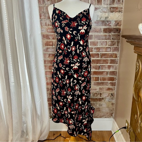 Vintage Floral Black and Red Asymmetrical Midi Dress -Size 9/10 -DR01 - Picture 1 of 7